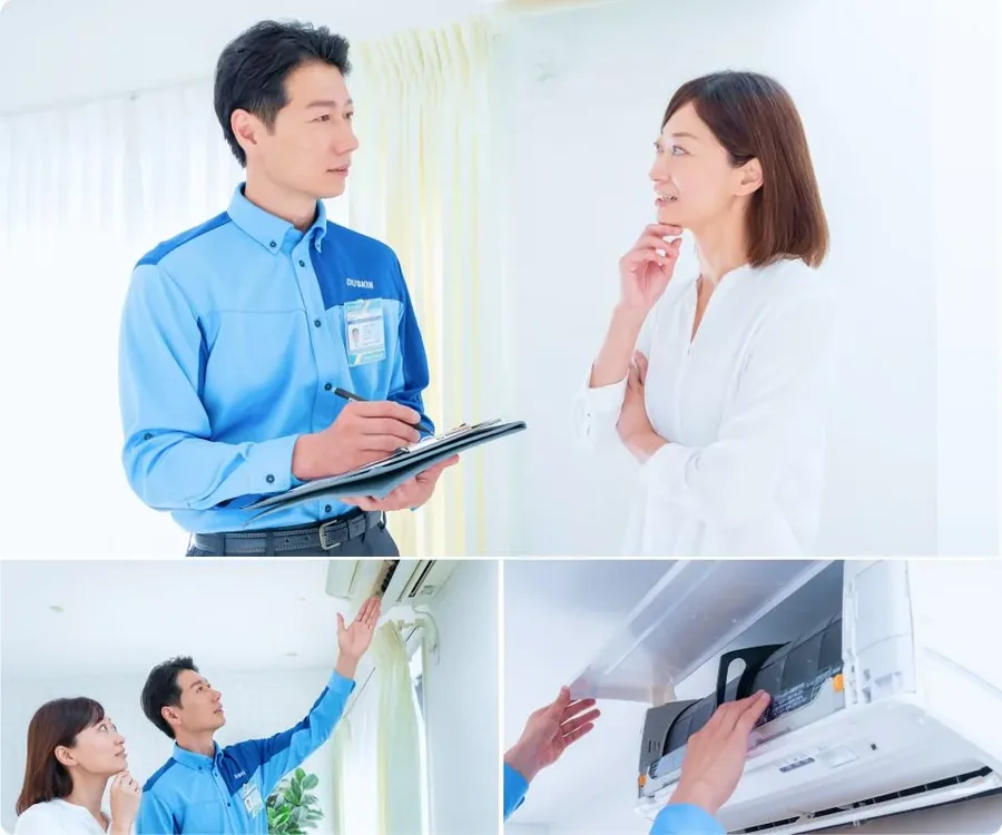 作業前にエアコンクリーニング確認書を使ってお客様へ説明する担当者。フィルターの取り外し確認も実施