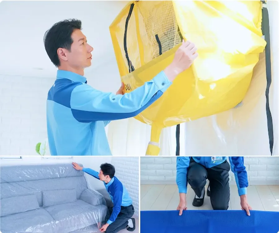 専用の養生カバーをエアコンに取り付け、ソファーは保護シートで覆い、床には養生マットを敷く様子