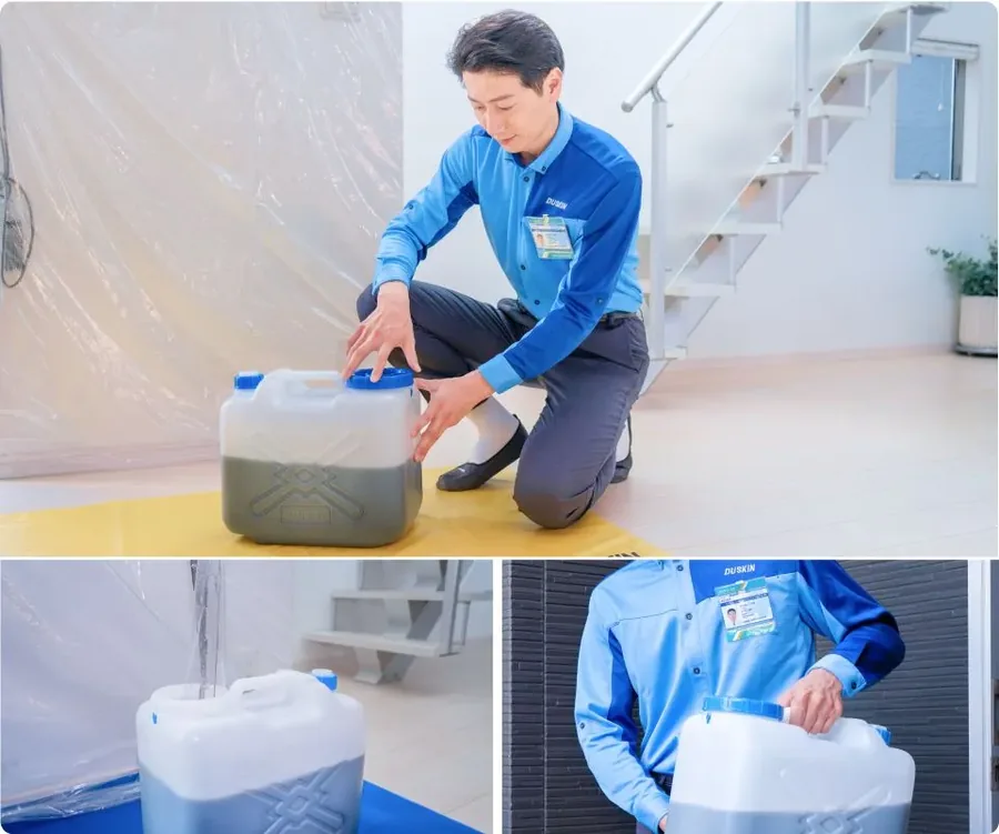 洗浄で出た汚水をポリタンクに回収して持ち帰る担当者